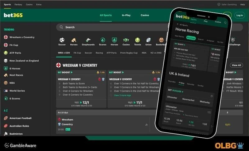 Screenshots for the bet365 betting site - the desktop shot shows football betting whilst the mobile device view focuses on the horse racing section of bet365