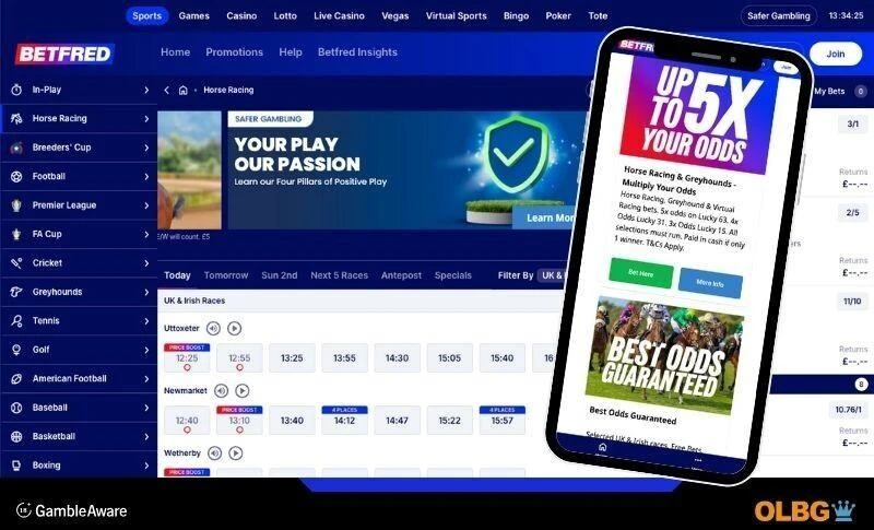 Betfred desktop and mobile views showing how simple the horse racing sections are in either format ,and why it ranks as the best choice for horse racing punters