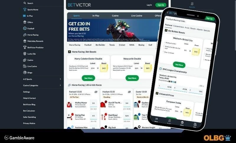 A desktop view of BetVictor betting site, honing in on its excellent horse racing section. The overlayed mobile device screenshot shows the bet builder function.