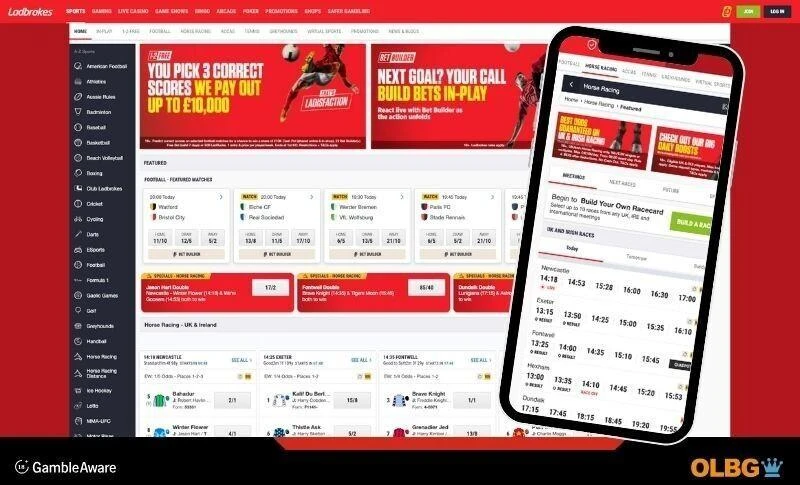 This is a screenshot view of the Ladbrokes betting site, with the mainpage on desktop view, whilst the mobile device screenshot shos the horse racing section and how the days racing is laid out.