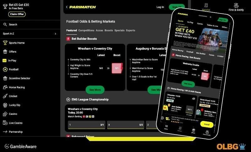 Desktop view and mobile device screenshot of the Parimatch betting site. Displaying the black, green and yellow theme.
