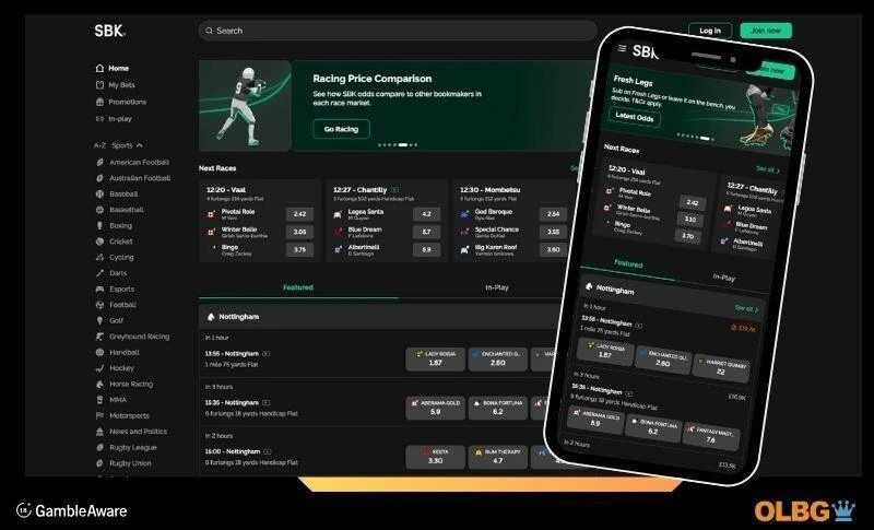 An image including SBK bookmakers screenshots of the desktop homepage and the view on a mobile phone