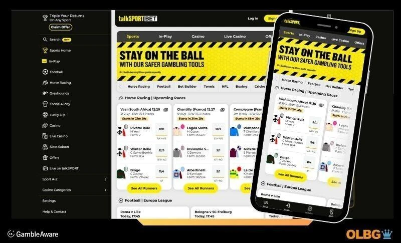Screenshot of the Talksportbet desktop site and the mobile view alternative, showing the talksport bet homepage