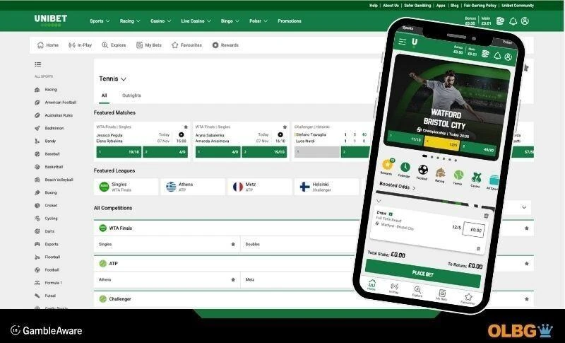 Two screeshots of the Unibet betting sites. The desktop view shows the tennis section of the unibet site, whilst the mobile device screenshot shows football betting and some special bets that are offered.