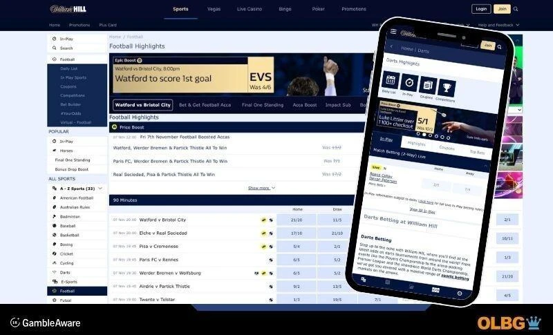 A simple view of what users can expect to see on the William Hill website, and then a mobile view of the app