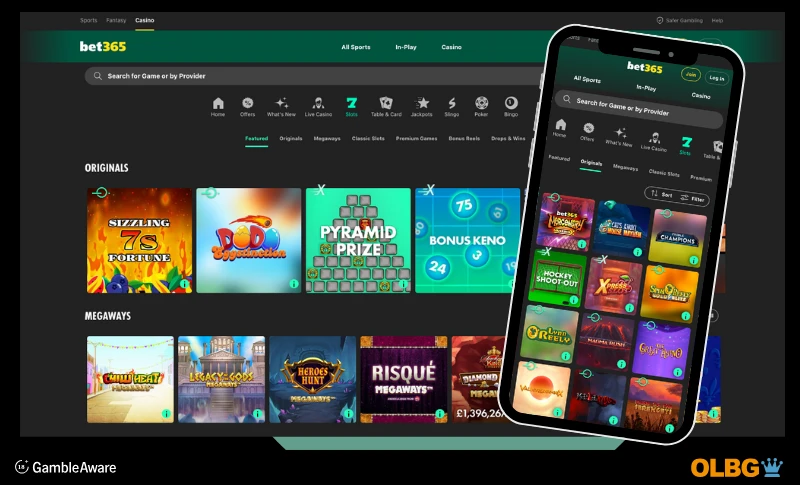 A view of how bet365 slots looks on desktop computer and mobile phone with screenshots
