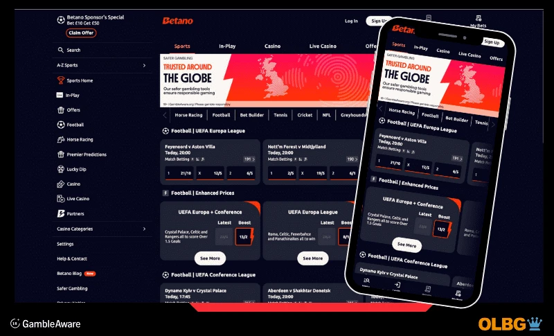Screenshot view of the Betano betting site shoing the home page on desktop and mobile phone views