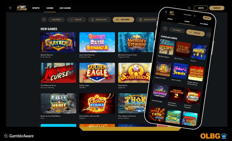 Screenshots of the slots pages on BetMGM casino displaying desktop and mobile views
