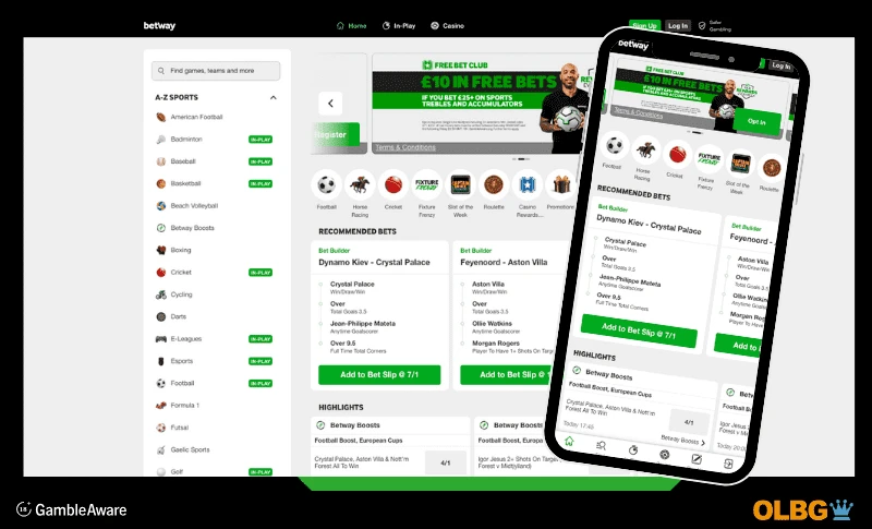 A desktop view of the Betway website showing some promotional offers at the top of the page and todays fotball betting markets - The mobile view layed on top shows how it looks on a smaller screen