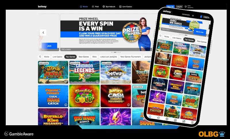 Screenshots of the betway slots section for desktop and mobile phone views