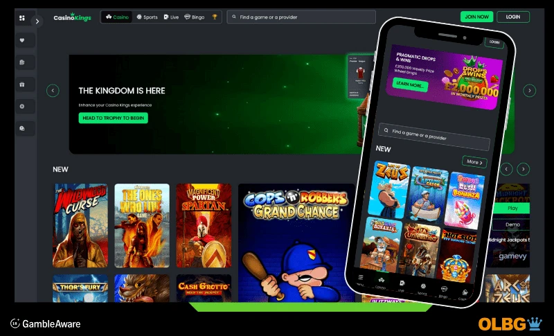 Screenshots of the desktop and mobile phone views of Casinokings slots section