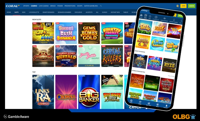 Screenshots of the desktop and mobile phone views of the slots page on Coral