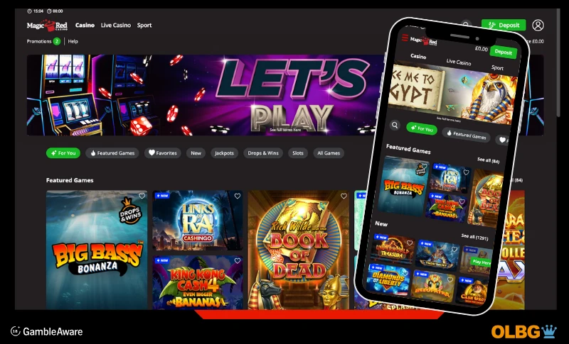Screenshots of the slots home page at Magicred for both desktop and mobile phone screens