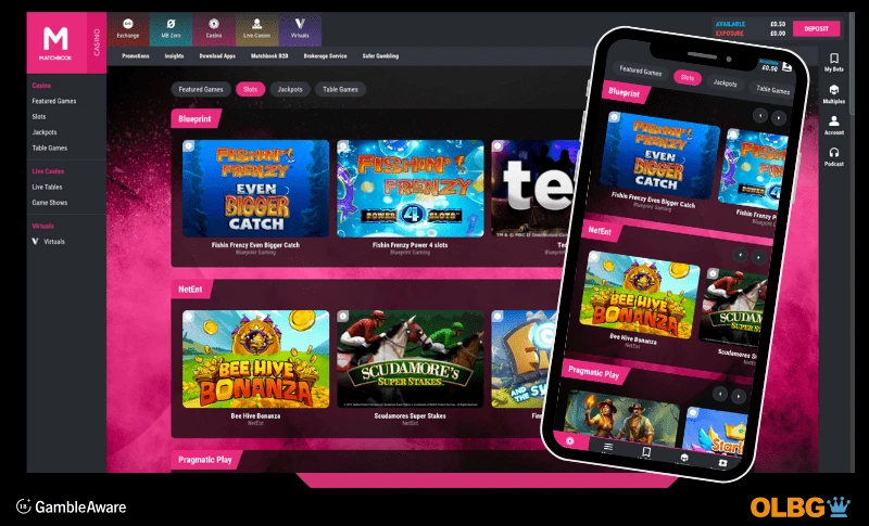 Matchbook screenshots of the slot page for both desktop and mobile phone views