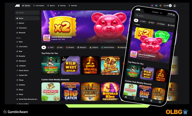 Screenshots of Midnite casino slot page for both desktop and mobile phone views