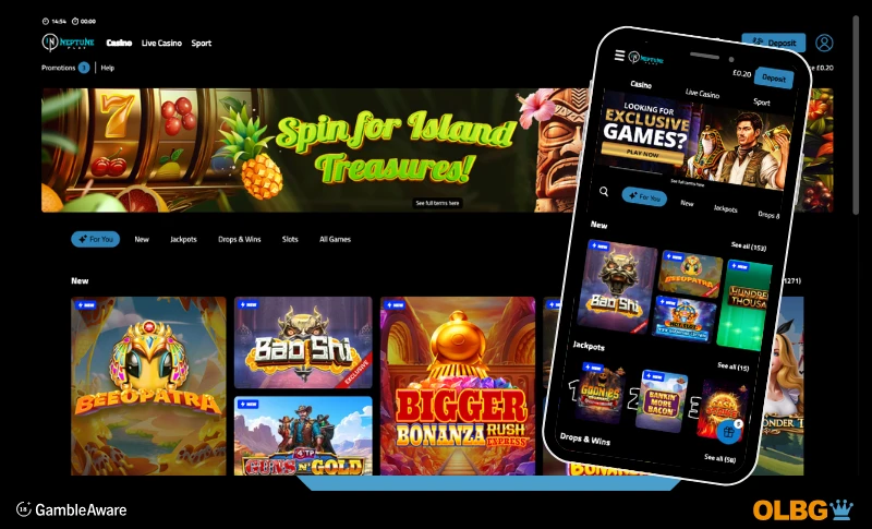 Screenshots of the view of desktop and mobile phone screens for NeptunePlay Slot site home page