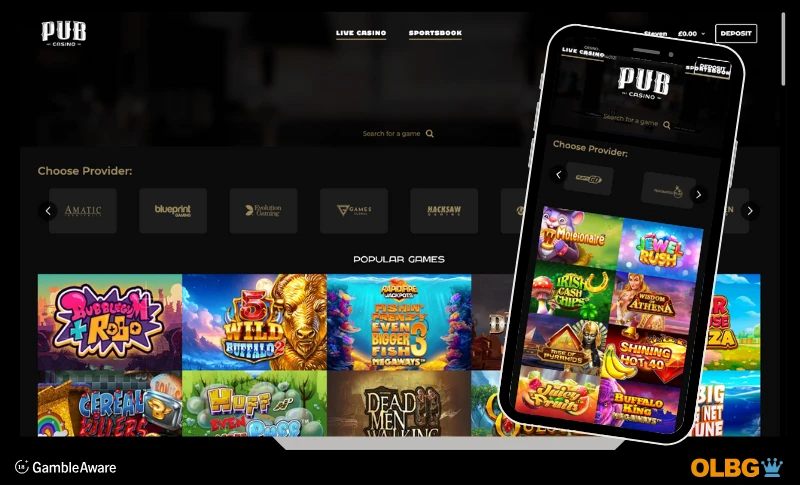 Screenshots of the desktop and mobile phone views of Pub casino Slots page